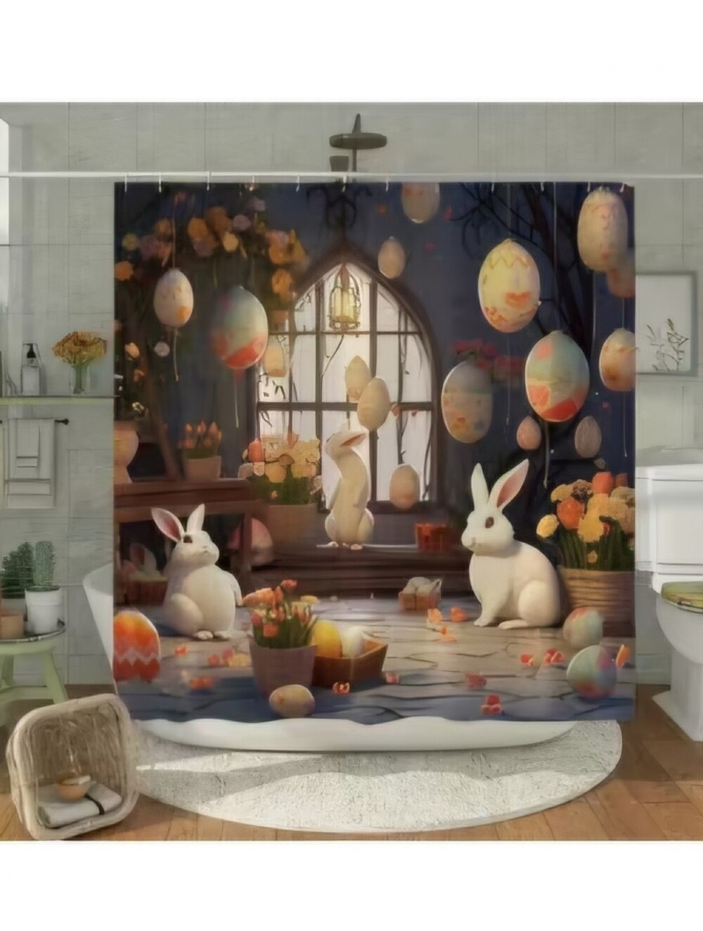 Easter Bunny Shower Curtain With Rings - Rabbits & Pastel Eggs